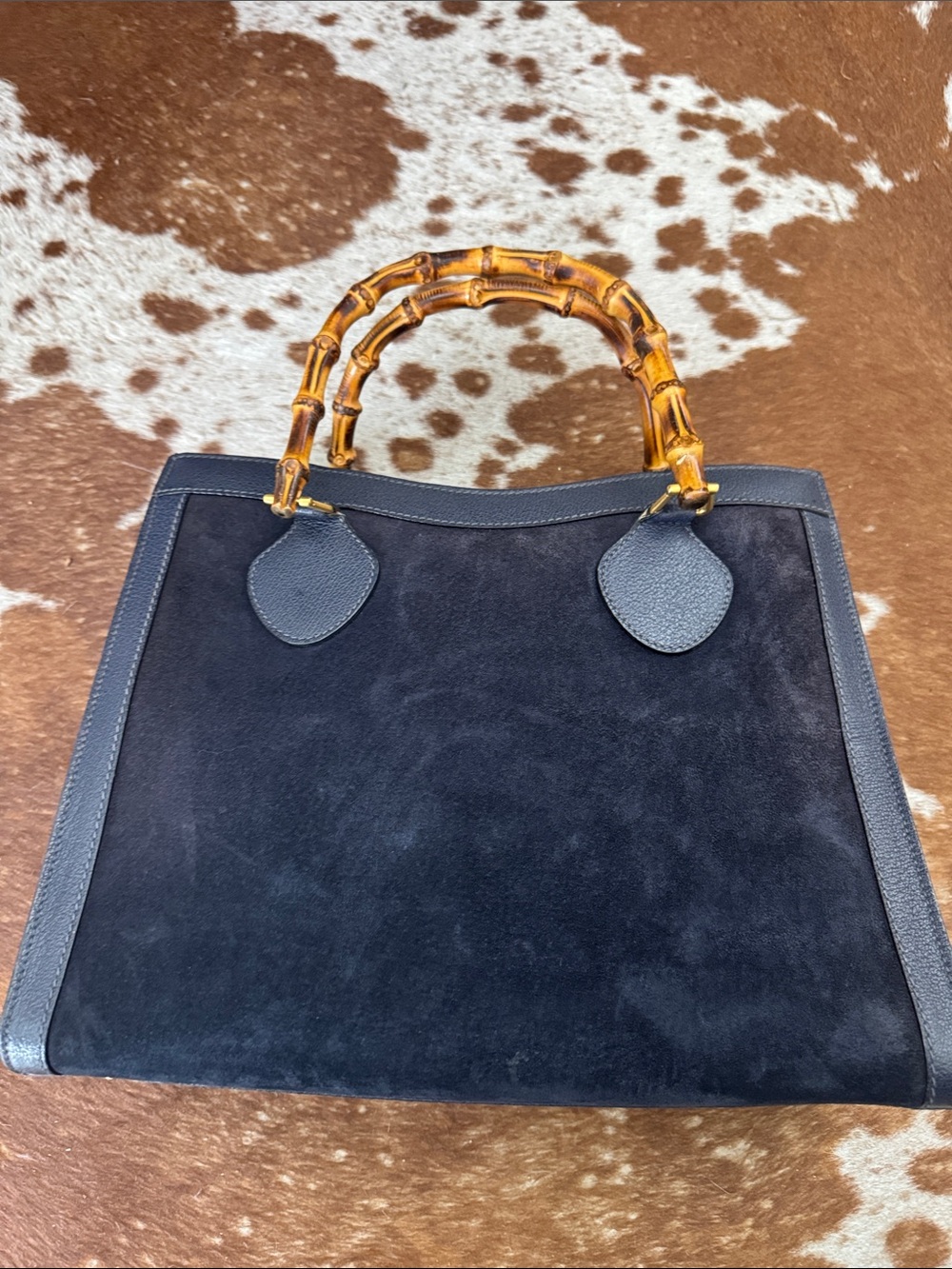 Gucci vintage Navy Suede Tote with Bamboo Handles